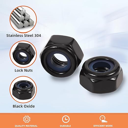 MewuDecor #10-32 Nylon Insert Hex Lock Nuts Locknuts, 304 Stainless Steel 18-8, Black Oxide, 50 PCS
