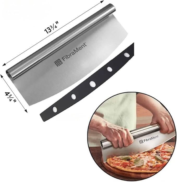 FibraMent-D Premium 3-Piece Pizza Stone Set Perfect for Home Ovens - 13-5/8" Round Pizza Stone, Peel & Rocker Pizza Cutter, Durable Baking Stone for Bread, Pastries Ranked 'BEST OVERALL PIZZA STONE'