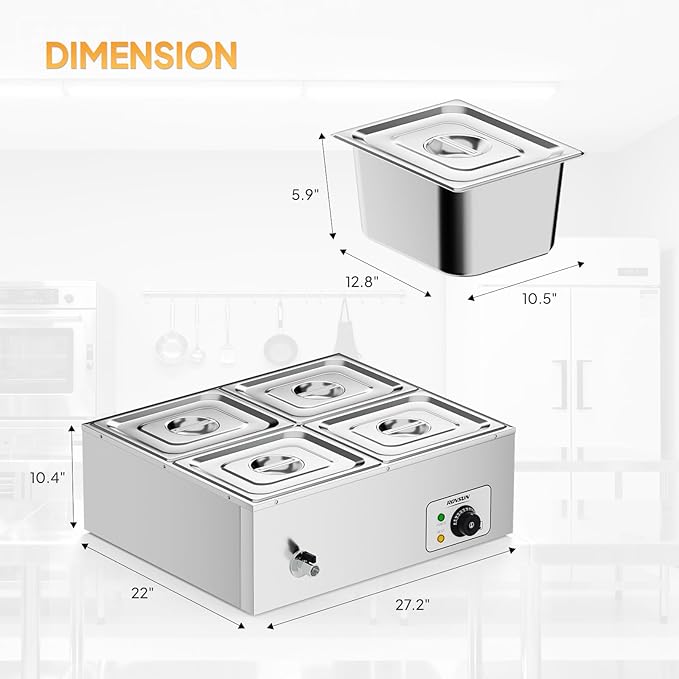 ROVSUN 42.3QT 1200W Electric Commercial Food Warmer, 4-Pan Steam Table 10.6 QT/Pan Stainless Steel Bain Marie Buffet Countertop with Temperature Control & Lid for Parties, Catering, Restaurants 110V