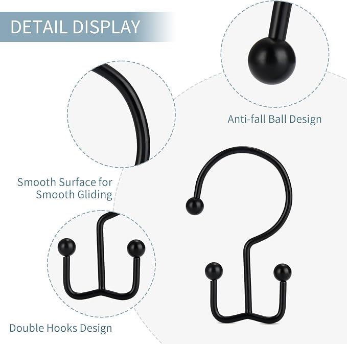 Shower Curtain Hooks, Durable Rust Proof Black Shower Curtain Hooks, Shower - Image 4