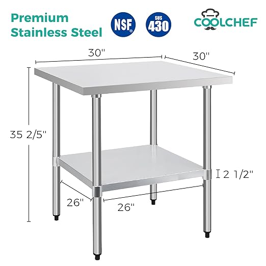 COOLCHEF Stainless Steel Work Table 30 x 30 Inch, NSF Commercial Prep Table with Undershelf, Heavy Duty Food Prep Workstation