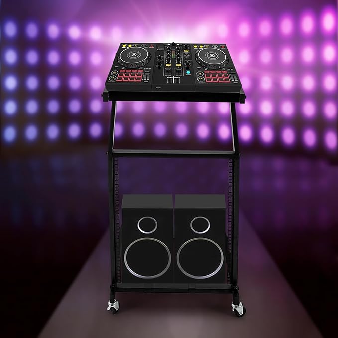 DJ Mixer Stand Adjustable Rack, 2 Layer Rack Mount Mixer Case Stand with 4 Universal Wheels Supporting Crossbars and Adjustable Angle Studio Adjustable Stage Cart for Home, Office Concert Venues Etc
