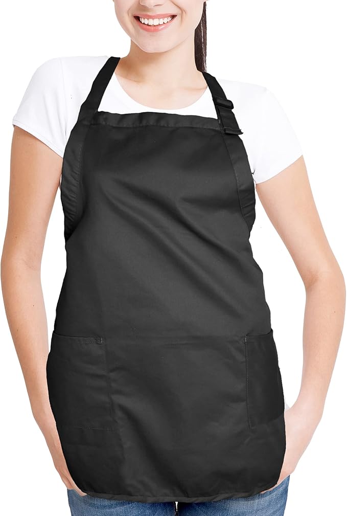 DALIX Apron Commercial Restaurant Home Bib Spun Poly Cotton Kitchen Aprons (2 Pockets) in Black