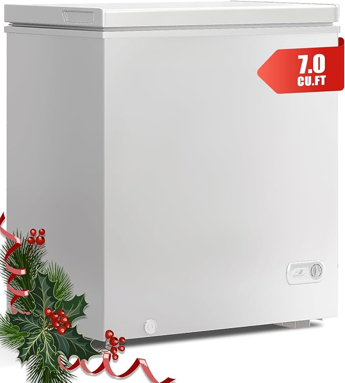 TABU 7.0 Cubic Feet Chest Freezer, Energy Saving Chest Deep Freezer with 7 Level Adjustable Thermostat, Top Opening Compact Freezer with Removable Storage Basket (White)