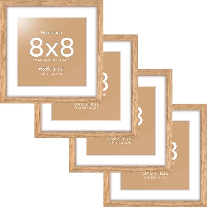 Homeforia 8x8 Picture Frames Wood, High-End Natural Oak 8 x 8 Square Frames with Mat 6 by 6 inch Photo, 8by8 Light Wooden Frames Matted to 6x6 Print, Tabletop Frame, Tempered Glass, Wall Kit, Set of 4