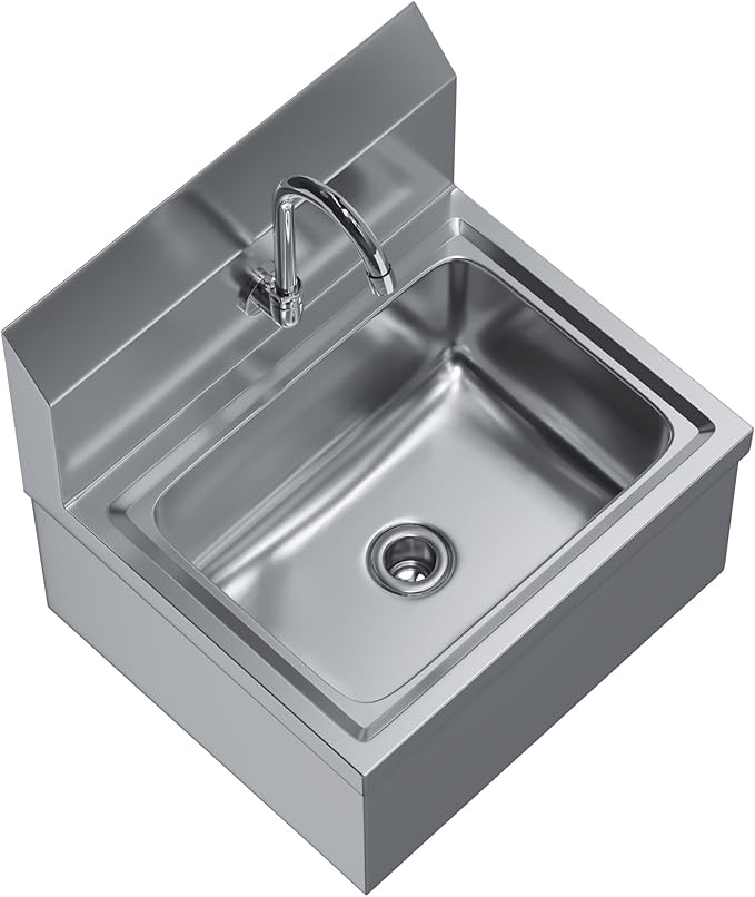 Hands-Free Wall-Mounted Stainless Steel Hand Sink, 17 in x 15 in, with Double Knee Valves and Faucet