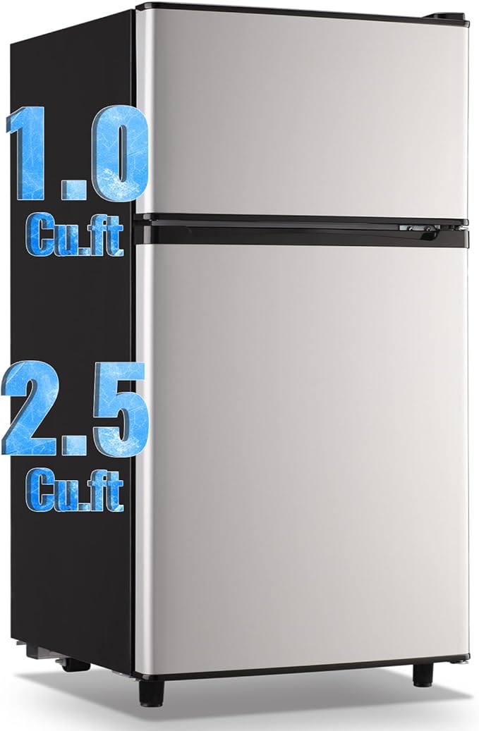 WANAI 3.5 Cu.Ft Mini Fridge with Freezer, Freestanding Refrigerator for Office, Dorm, Apartment, 7-Level Adjustable Thermostat, 2 Removable Shelves and Bakset, Small Fridge in Silver