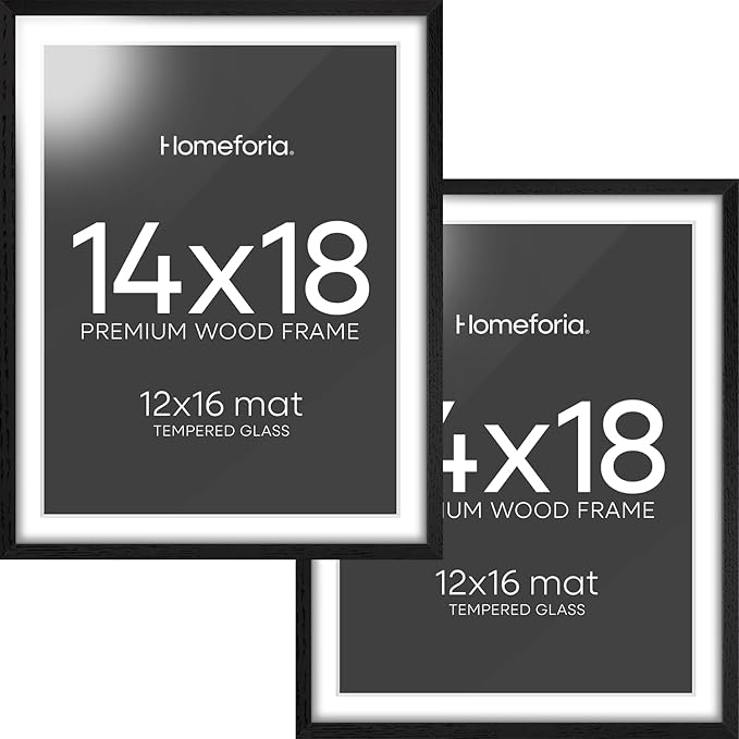 Homeforia 14x18 Picture Frame Black Wood, High End Oak 14x18 Poster Frames with Mat 12x16 Photo, 14 x 18 Wooden Frame Matted to 12 by 16 Print, 18x14 Hanging Frames, Tempered Glass, Wall Kit, Set of 2