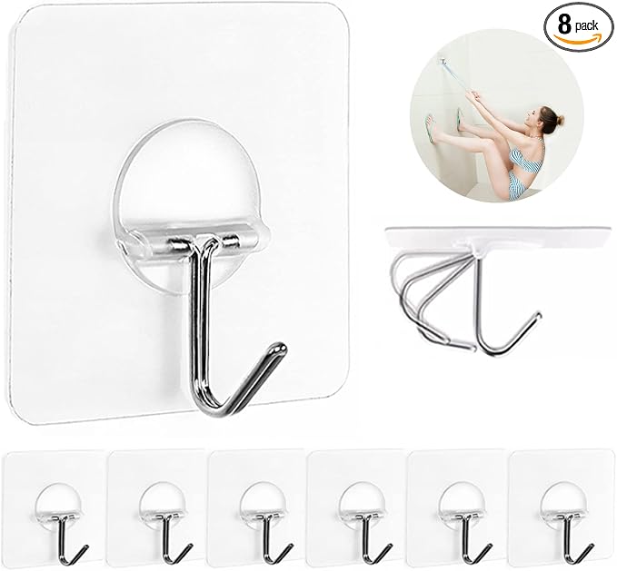 JINSHUNFA Adhesive Wall Hooks No Drill Clear Heavy Duty, 13LB Sticky 8 Pack | by JINSHUNFA