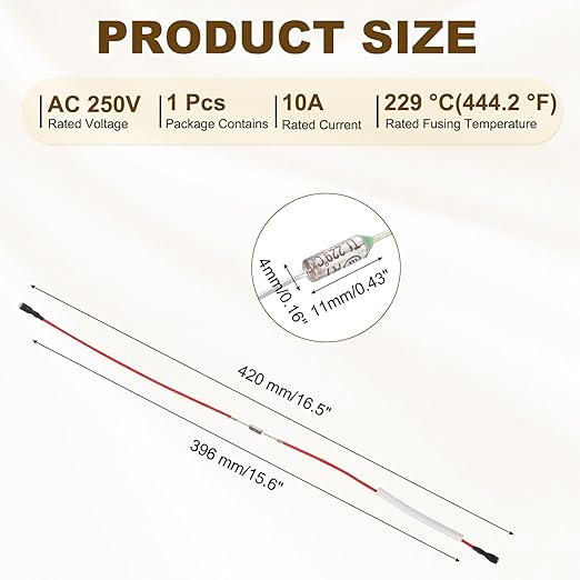 MECCANIXITY Universal Rice Cooker Temperature Fuse, 229°C 10A 250V Metal Thermal Fuse with Both End Terminal Fiberglass Sleeving for Electric Pressure Cooker Repair Part