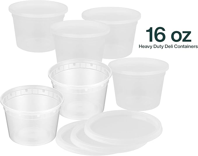 16oz [60 set] Heavy Duty Plastic Deli Container | BPA-Free Food Storage with Airtight Leak‑Proof Lids | Microwave, Freezer & Dishwasher Safe – Stackable, Bulk Reusable Soup & Meal Prep Tub