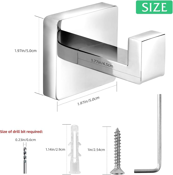 Towel Hooks for Bathrooms, Heavy Duty Stainless Steel Bathroom Hooks | Square - Image 6