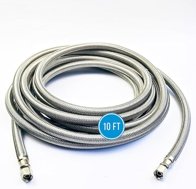 Refrigerator Icemaker Hose (10 FT) - Universal Fit to ALL Refrigerator Brands - Icemaker Water Supply Line - ¼” x ¼” Connections - SS Refrigerator Supply Hose for Ice & Water