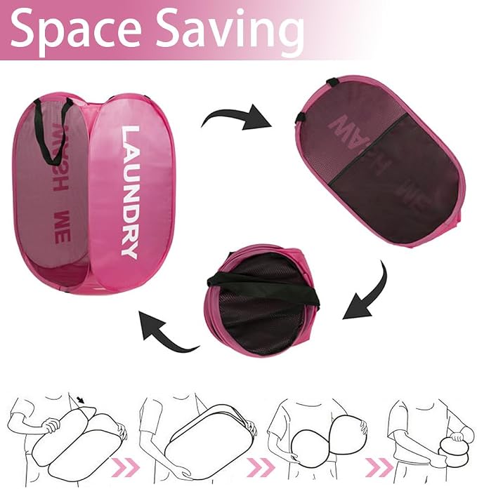Pop Up Laundry Hamper Collapsible Laundry Basket Mesh Foldable Pink Dirty - Image 5