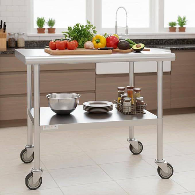 STABLEINK Stainless Steel Table with Wheels 24 x 30 Inches, NSF Commercial Prep & Workbench with Adjustable Undershelf and Casters, for Commercial Kitchen, Restaurant, Hotel,Laundry and Garage