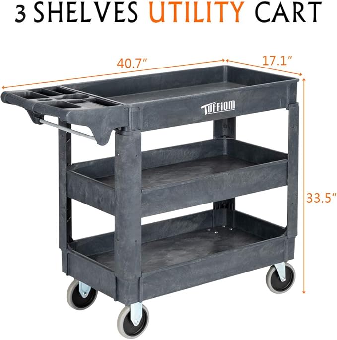 TUFFIOM Plastic Service Utility Cart with Wheels, 550lbs Capacity, Heavy Duty Tub W/Deep Shelves, Multipurpose Rolling 3-Tier Mobile Storage Organizer, for Warehouse Garage Industrial Cart