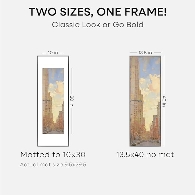 Homeforia 13.5x40 Panoramic Frame Black, High End Metal 13.5x40 Picture Frames with Mat 10x30 Photo, 13.5 x 40 Poster Frame Matted to 10 by 30 Print, 40x13.5 Frames, Tempered Glass, Wall Kit, Set of 1