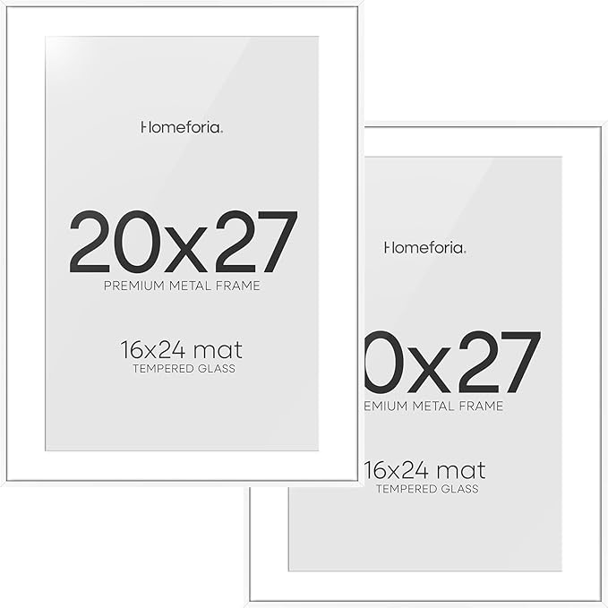 Homeforia 20x27 Picture Frame White, High End Metal 20x27 Poster Frames with Mat 16x24 Photo, 20 x 27 White Frame Matted to 16 by 24 Print, 27by20 Thin Hanging Frames, Tempered Glass, Wall Kit, Set of 2