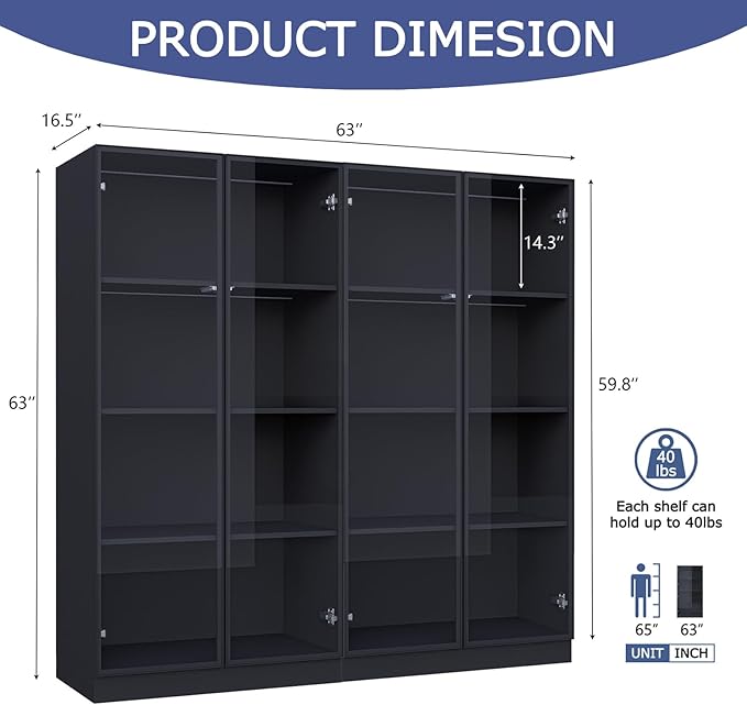 Glass Display Cabinet with LED Lights Set of 2, Display Case Bookcase with 4-Tier Shelves, Curio Cabinet with 2 Glass Doors, Storage Cabinet for Collectibles, Living Room