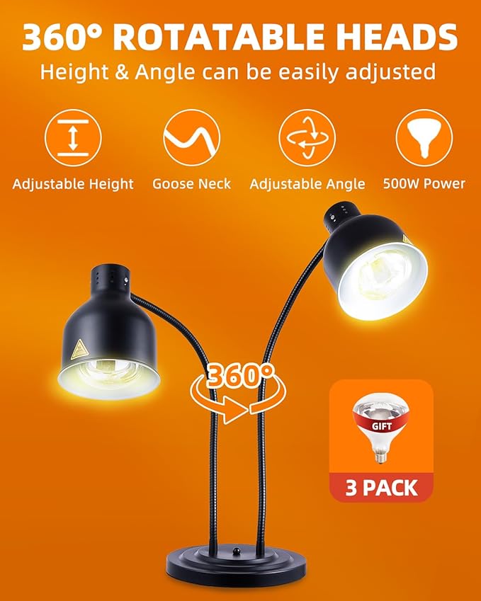 Food Heat Lamp: [Rapid-Heating Bulbs Included] [Steady Heating] Commercial Food Warmer Lamp, Electric Heat Lamp for Food Catering Food Warming Lamp for Buffet Parties (Painted Black, 32" (2-Head))