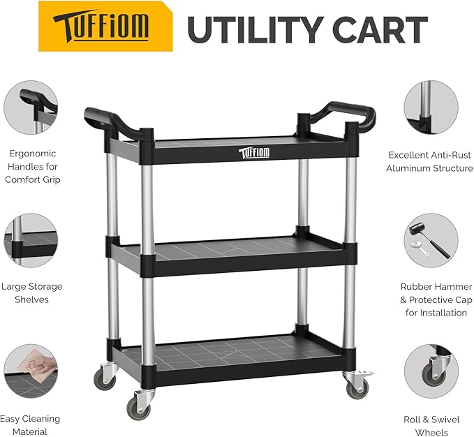 TUFFIOM 3-Tier Plastic Service Utility Cart with Wheels, Heavy Duty 390lbs Capacity, Commercial Rolling Ideal for Restaurant, Foodservice, Office, Warehouse, Black 34.8''L x 17.4''W x 38.6''H