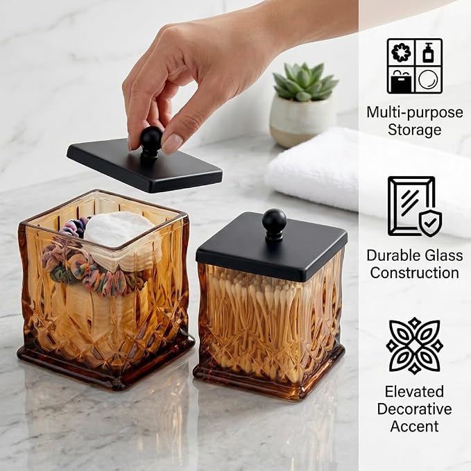 2 Pack 15Oz Amber Q-Tip Holder, Square Thick Glass - Image 4
