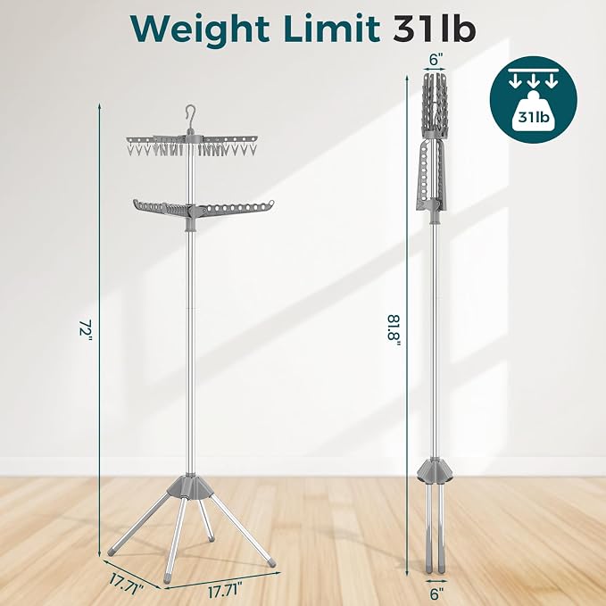 KINGBOARD Clothes Drying Rack, 72-Inch 2-Tier Stainless Steel, 27 Hanger Holes - Image 3