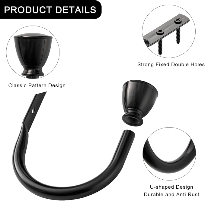 2 Pack Black Curtain Hooks for Drapes, Metal Curtain Tiebacks - Image 6