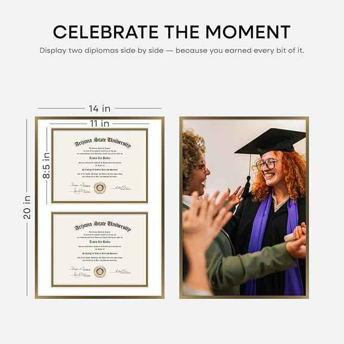 Homeforia 14x20 Double Diploma Frame Bronze, High End Metal 14 x 20 Certificate Frames with Mat for Two 8.5 x 11 Diplomas, 14by20 Dual Award Graduation Matted Frame, Tempered Glass, Wall Kit, Set of 1