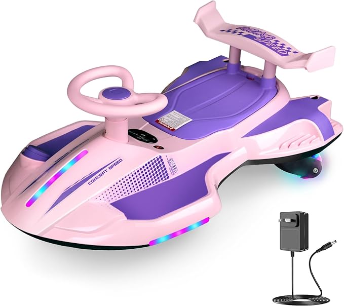 12V Electric Wiggle Car Ride On Toy, Swing Car with Pedal, for Kids 37-95 Months, Anti-Rollover, Flashing Wheels, Bluetooth, Tailpipes Jet Birthday Gifts for Boys and Girls(Pink+Violet)