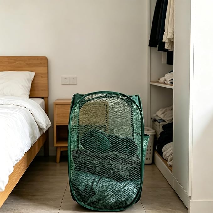 Larpur Pop Up Laundry Hamper Collapsible Mesh Clothes Basket, Dark Green - Image 6