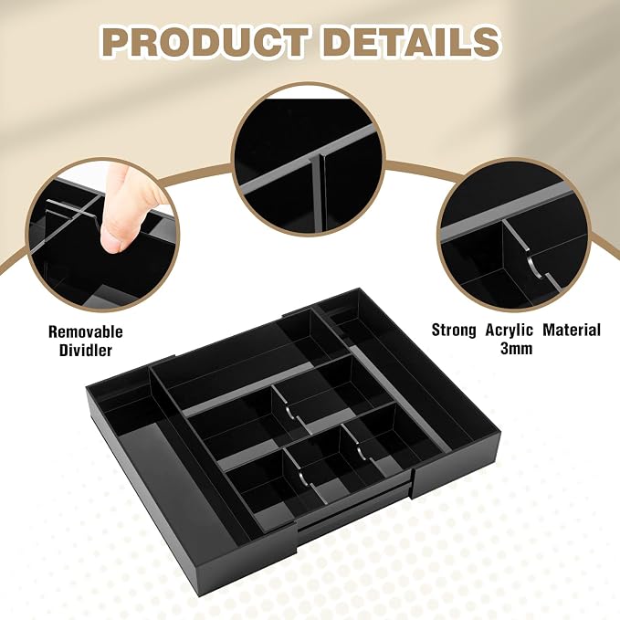 Briwooody Black Acrylic Drawer Organizer Expandable, 8 Compartments, Large | - Image 3