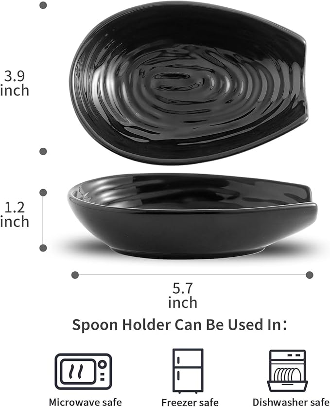 Hasense Spoon Rest for Stove Top, Spoon Holder for Kitchen Counter, Ceramic Cooking Spoon Holder for Ladle Spatula Tong and Spoon, Kitchen Utensil Rest for Home Coffee Bar Farmhouse Decor, Black