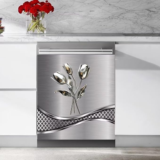 Stainless Steel Flower Wallpaper Dishwasher Cover Decorative Magnetic Sticker Kitchen Refrigerator Covers for The Front Fridge Door Magnet 23W x 17H inchs