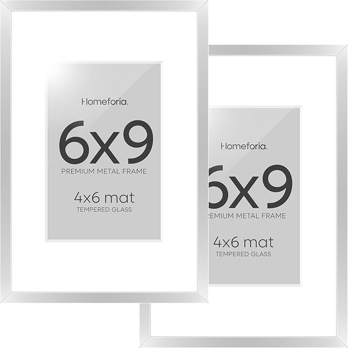 Homeforia Silver Photo Frame 6x9, High End Metal 6 x 9 Silver Picture Frames with Mat 4 x 6, 6by9 Desk Frame Matted to 4x6 inch Print, 6 by 9 Wall or Tabletop Frames, Tempered Glass, Wall Kit, Set of 2