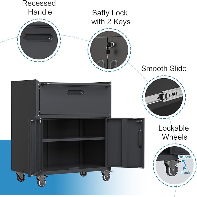 Black Garage Storage Cabinet with Drawers Metal Tool Cabinets on Wheels Heavy Duty Tool Storage Carts with Lock Rolling Tool Cart Mobile Cabinet for Warehouse Basement, Assembly Required