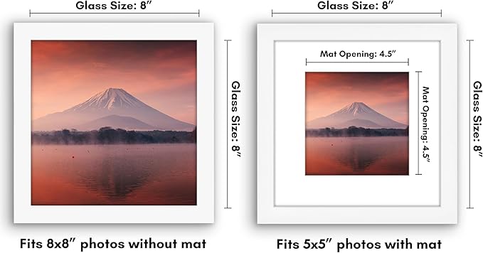 Americanflat 8x8 Picture Frame with Shatter-Resistant Glass - Use as 5x5 Frame with Mat or Display 8x8 Photo Without Mat - Signature Collection - Square Frames for Tabletop and Wall Display - White