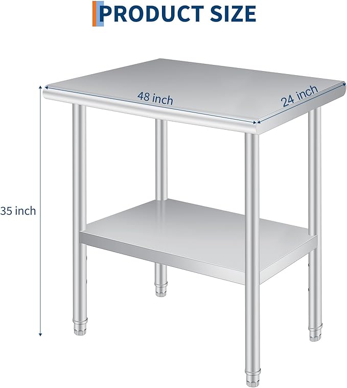  Stainless Steel Prep Table, 24 x 48 Inches Heavy Duty Commercial , with Rounded-Corner, Adjustable Undershelf and 4 Caster Wheels, Heavy Duty Work Table with Adjustable Under Shelf for Outdoor, Res
