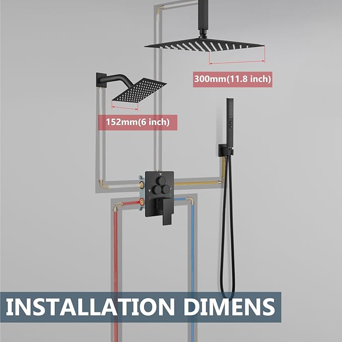 Aolemi Shower Faucet Set Ceiling Mount Shower System Rough-in Valve and Shower Trim Kit 2 in 1 Handheld Spray Push Button Diverter 12 and 6 Inch Dual Shower Head Matte Black