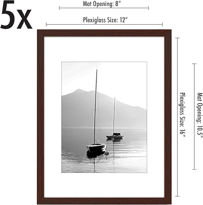 Americanflat 12x16 Picture Frame with Polished Plexiglass - Set of 5 - Use as 8.5x11 Frame with Mat or Display 12x16 Photo Without Mat - Galleria Collection - Picture Frames for Wall - Mahogany