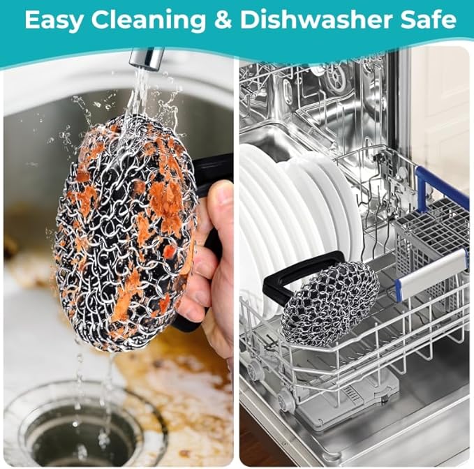 Amagabeli Cast Iron Cleaner with Handle Stainless Steel Chainmail Pan Scrubber for Cast Iron Skillet Cleaner Chain Mail Scrubber Brush Pan Pot Wok Griddles BBQ Grills