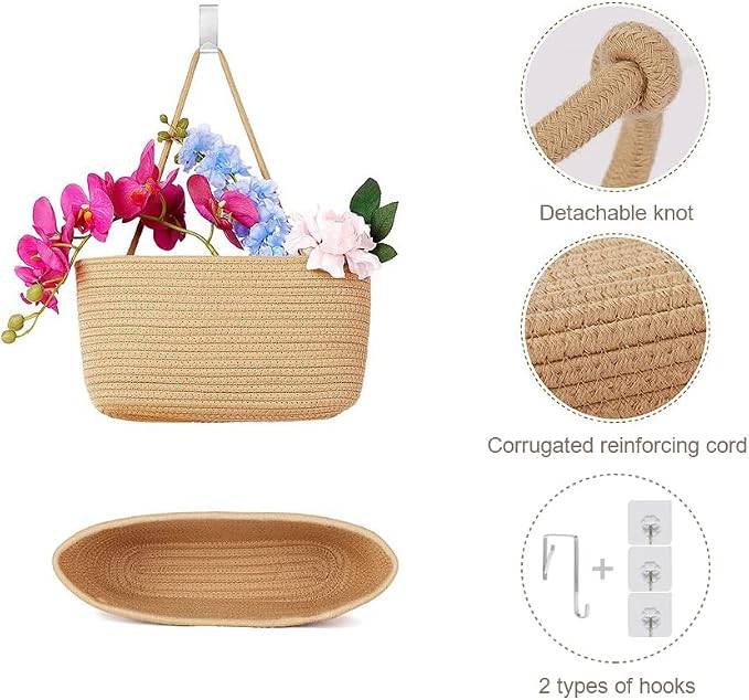 TeoKJ Over the Door Hanging Basket, 3-Tier Woven Cotton Wall-Mounted Storage - Image 6