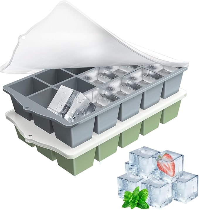 Silicone Ice Cube Tray, 2 Pack Easy-Release Stackable Ice Trays for Freezer with Lid 15 Reusable Cubes, Food Grade BPA Free Ice Molds for Whiskey, Baby Food, Coffee, Cocktail (Grey+Green)