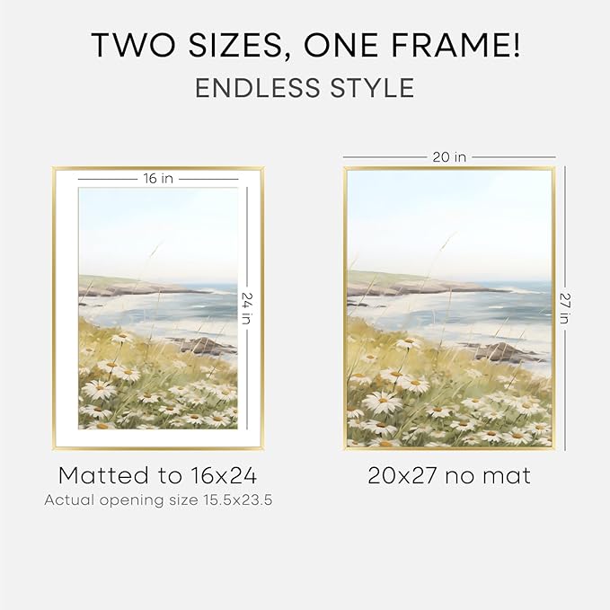 Homeforia 20x27 Picture Frame Gold, High End Metal 20x27 Poster Frames with Mat 16x24 Photo, 20 x 27 Gold Frame Matted to 16 by 24 Print, 27by20 Thin Hanging Frames, Tempered Glass, Wall Kit, Set of 1
