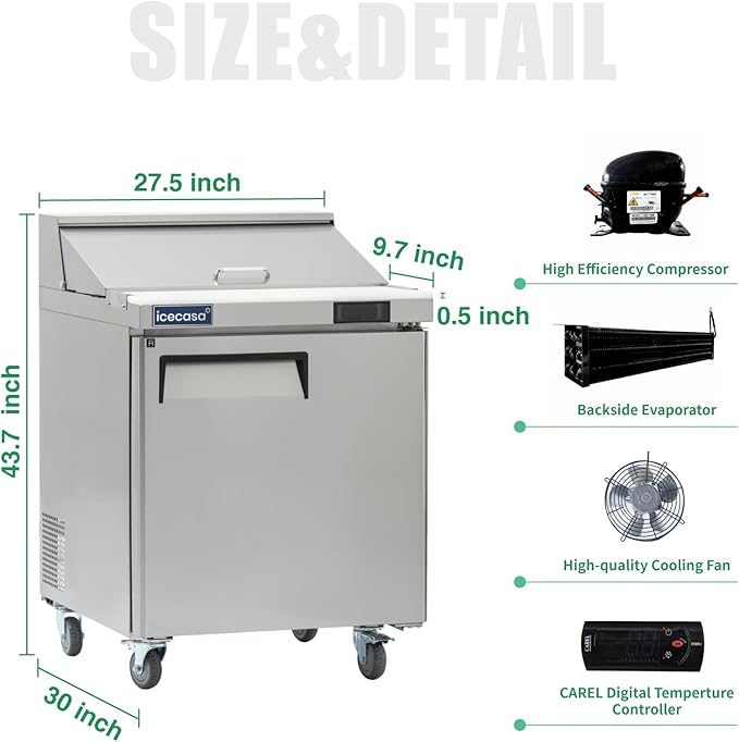 ICECASA 27" W Commercial Refrigerator Sandwich&Salad Prep Table single Door Stainless Steel Counter Fan Cooling Refrigerator with 8 pans-27 Inches for Restaurant, Bar, Shop, etc