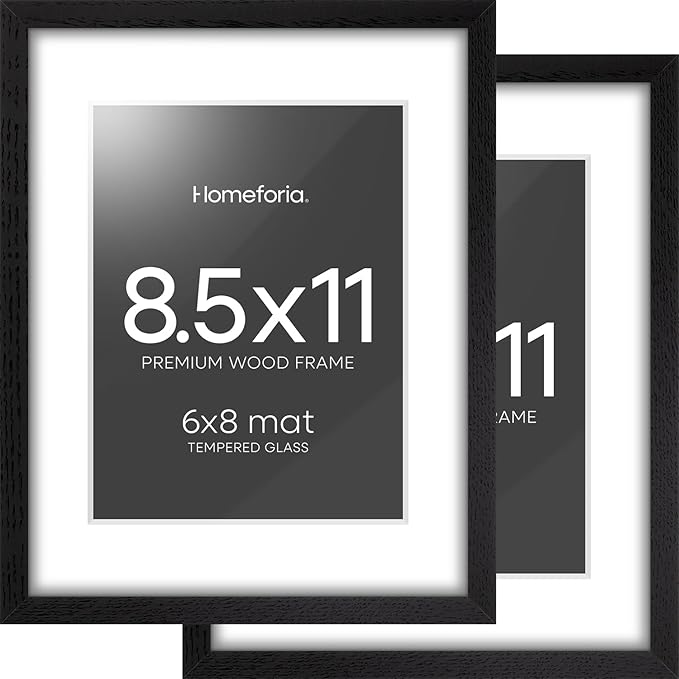 Homeforia 8.5x11 Picture Frame Black Wood, High End Oak 8.5 x 11 Frames with Mat 6 by 8 Print, 8.5by11 Wooden Frame Matted to 6x8 inch Photo, Wall or Tabletop Frame, Tempered Glass, Wall Kit, Set of 2