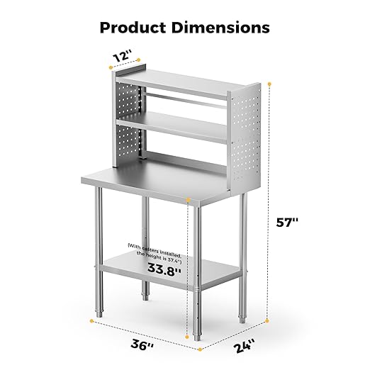 36x24 in NSF All Stainless Steel Table with Adjustable Shelf & Pegboard Panels & Casters, Kitchen Prep Table Commercial Heavy-Duty Worktable with Large Space Storage for Restaurant Garages