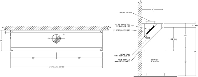 Food Truck Low Profile Exhaust Hood System Includes a stainless steel exhaust hood, an exhaust fan, an adjustable duct section, and installation hardware (11' Long Hood & Fan)