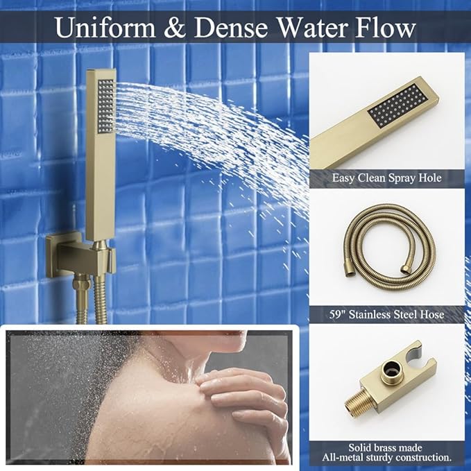 Shower Faucet Set Brushed Gold Shower System, Knob Switch Diverter Shower Faucet with High Pressure Handheld Spray, Wall Mount 10 Inch Shower Head with 6 Inch Wall Mount Shower Head