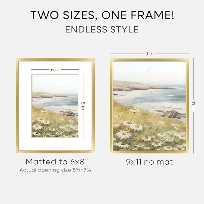 Homeforia 9x11 Gold Frame, High End Metal 9 x 11 Picture Frames with Mat 6 by 8 inch Photo, 9by11 Thin Poster Frame Matted to 6x8 Print, 11x9 Wall or Tabletop Frame, Tempered Glass, Wall Kit, Set of 3